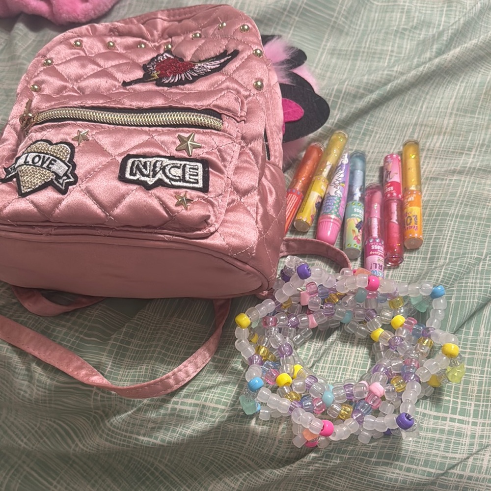 Pink Kids Backpack with Beaded Bracelets And Lipgloss